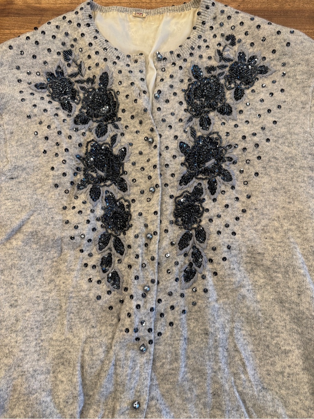 Vintage Gray Cardigan Sweater with Black Beaded Floral Accents 50s